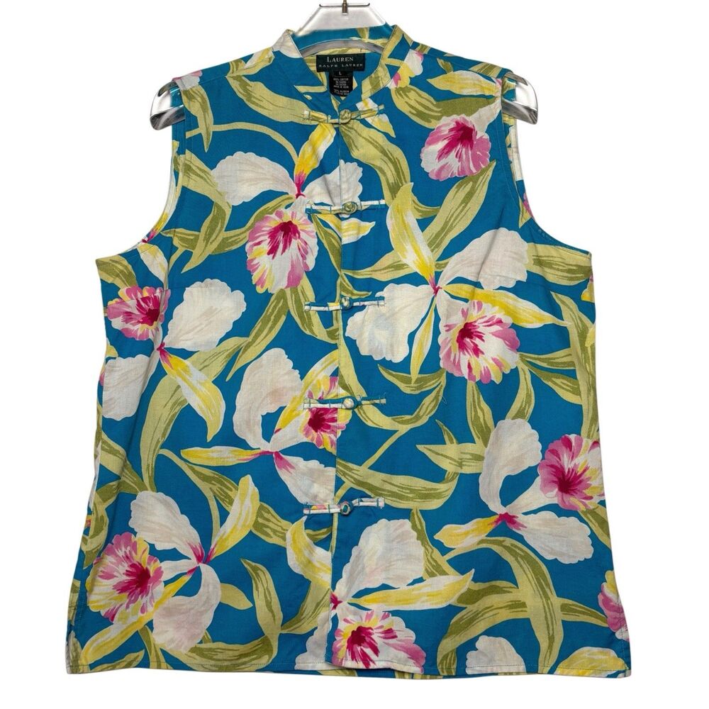 Ralph Lauren Top Women's L Sleeveless Fabric Toggles Floral Mandarin Collar